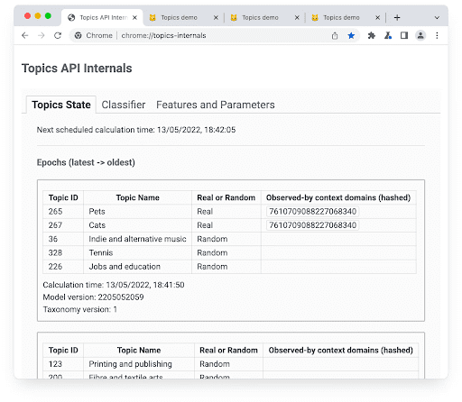 Take a look inside the Topics API at chrome://topics-internals.