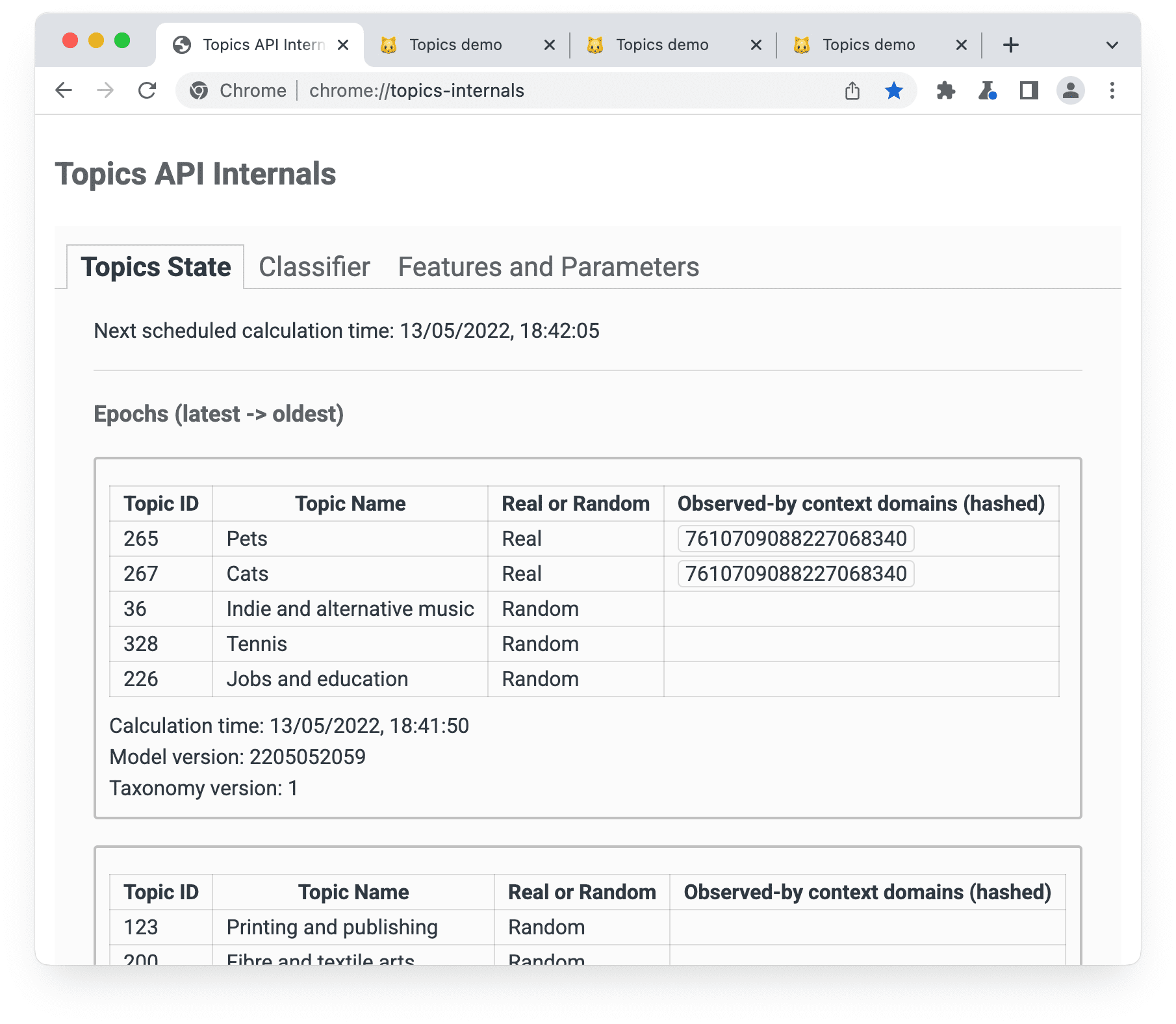 The chrome://topics-internals page with Topics State panel selected.