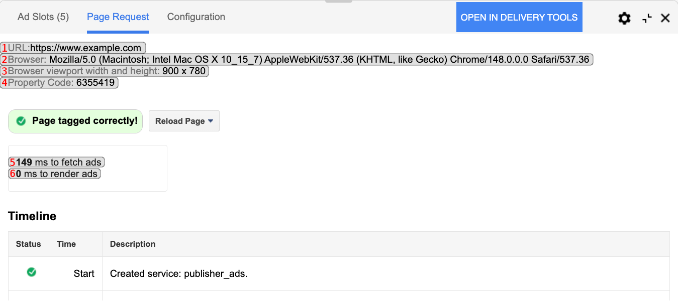 Captura de tela da guia "Solicitação de página" do Console do Editor