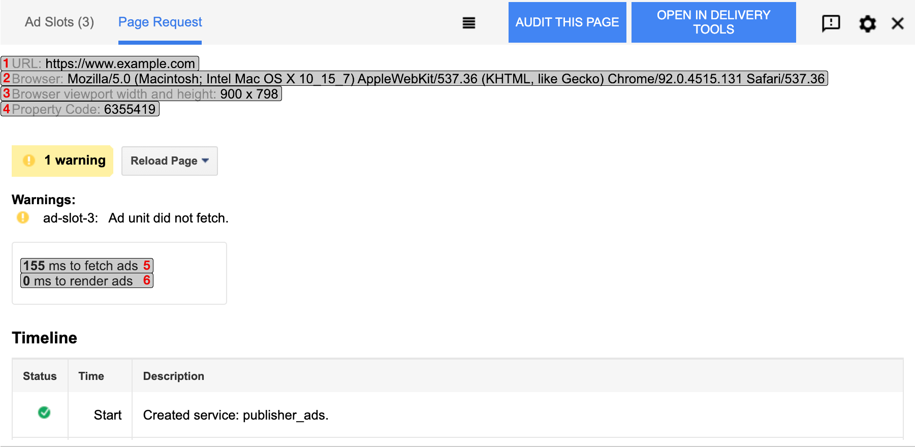 Screenshot des Tabs „Seitenanfrage für Publisher Console“