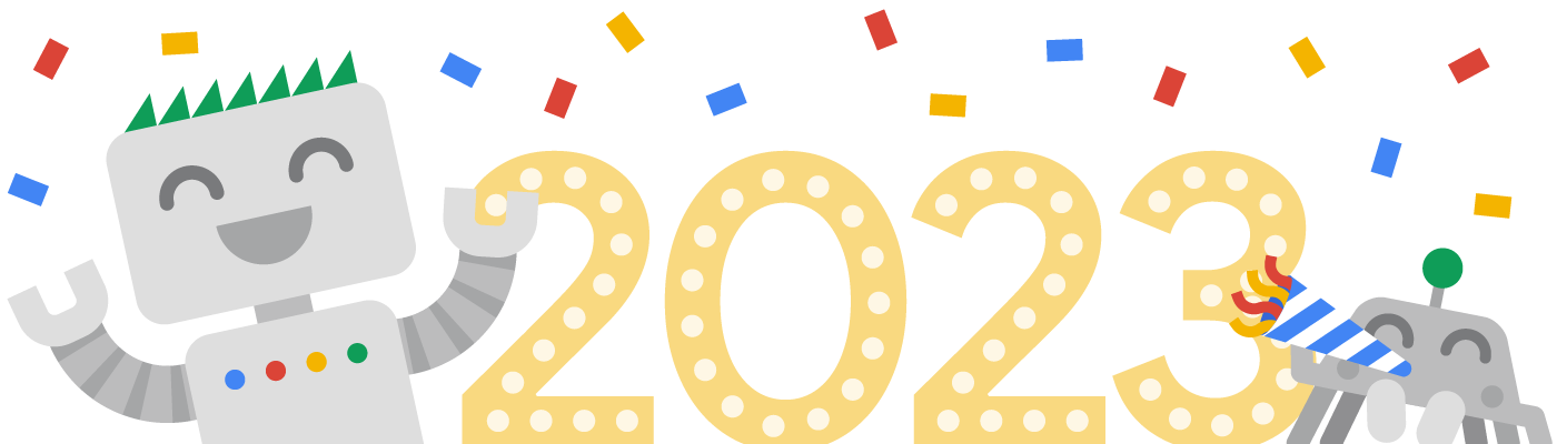 Googlebot et son ami Crawley célébrant la nouvelle année devant une bannière 2023