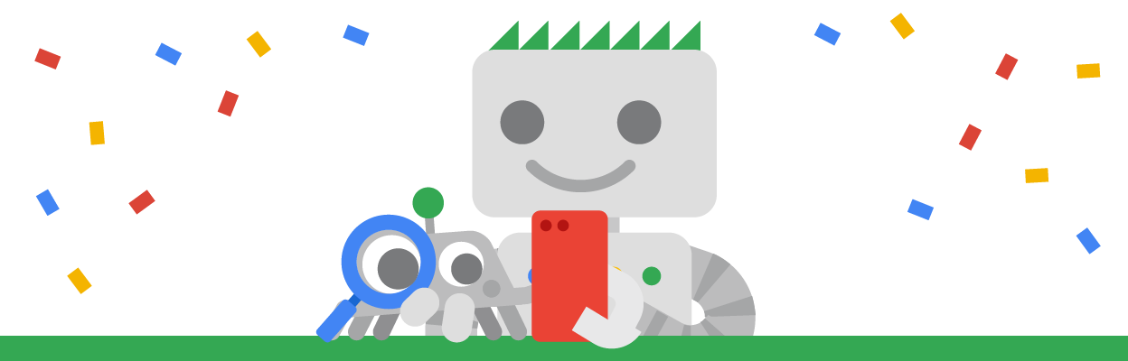 Googlebot und Crawley beim Feiern mit einem roten Smartphone