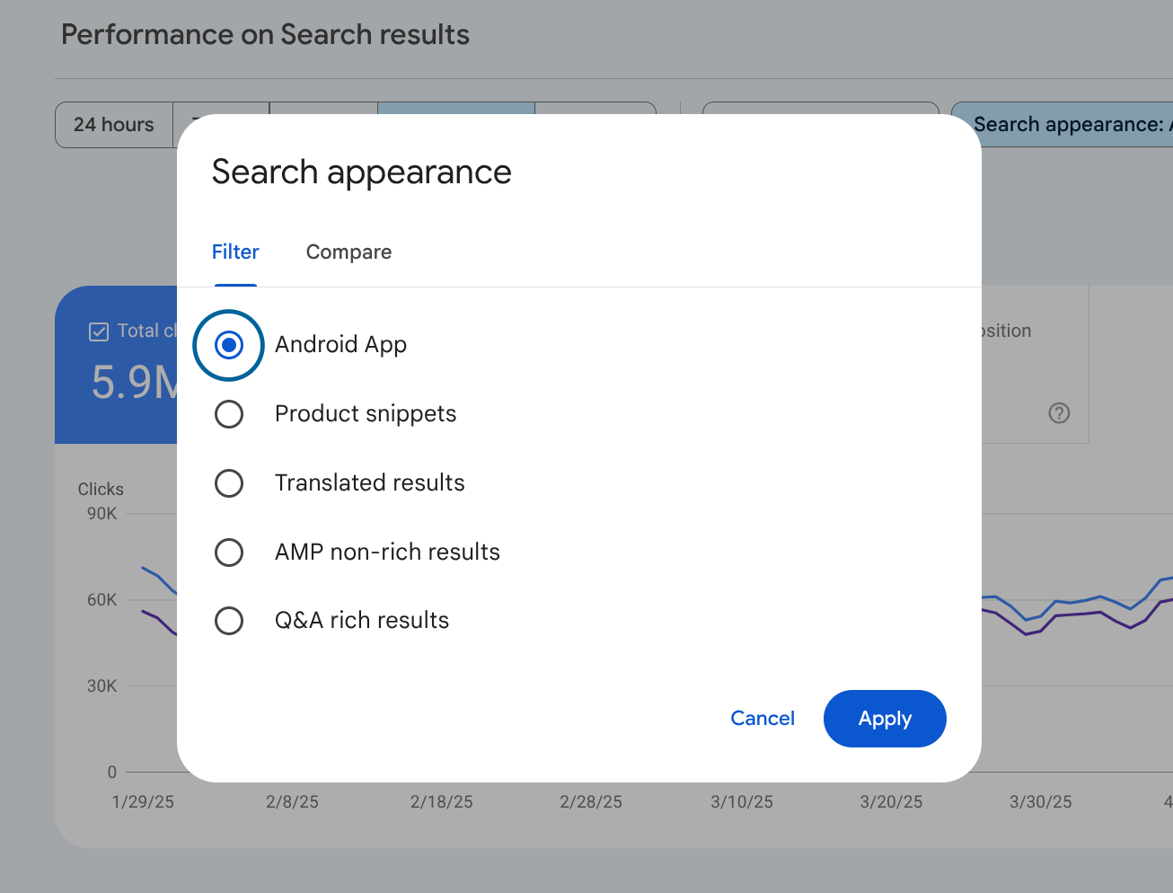 تقرير الأداء في Search Console يظهر فيه فلتر شكل ظهور &quot;تطبيق Android&quot; في البحث