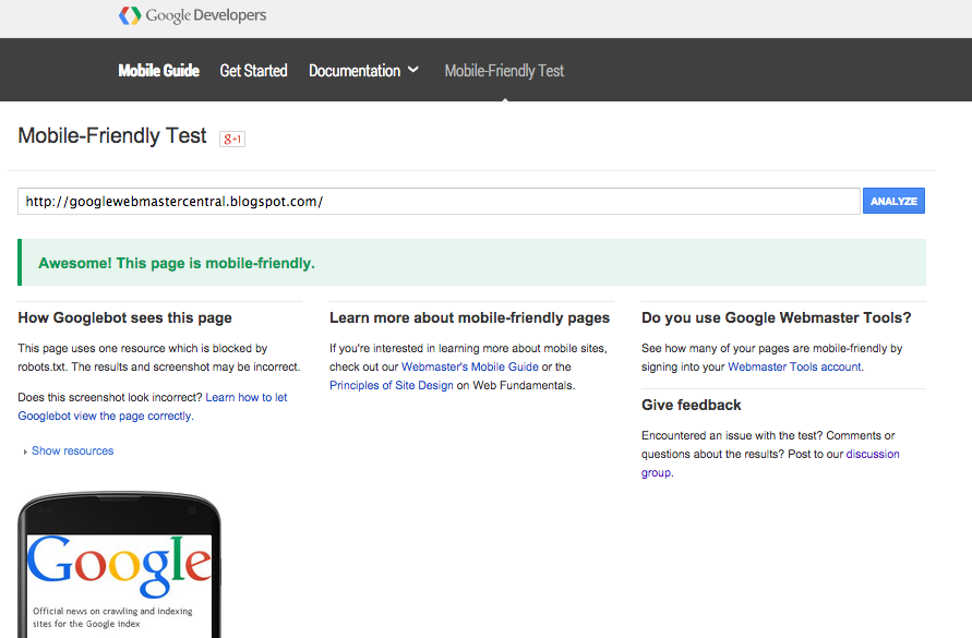 Test individual URLs in real-time with the Mobile-Friendly Test