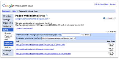 webmaster tools internal links report