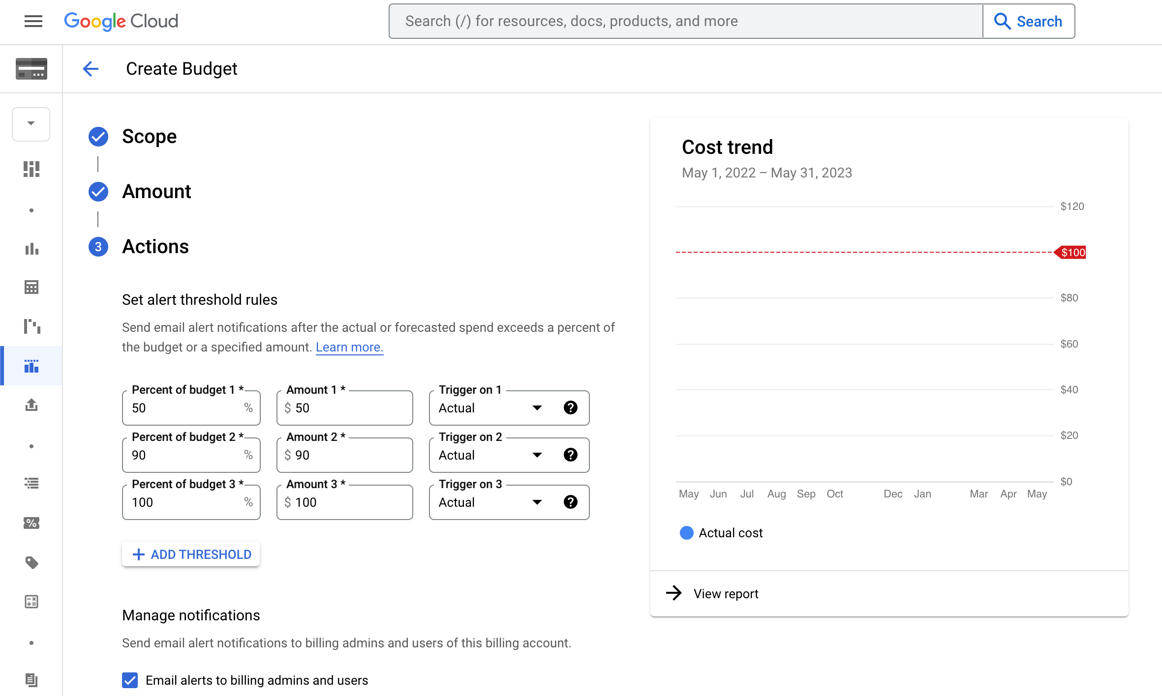 Скриншот Google Cloud Console, на котором показано, как создать оповещение о достижении лимита бюджета