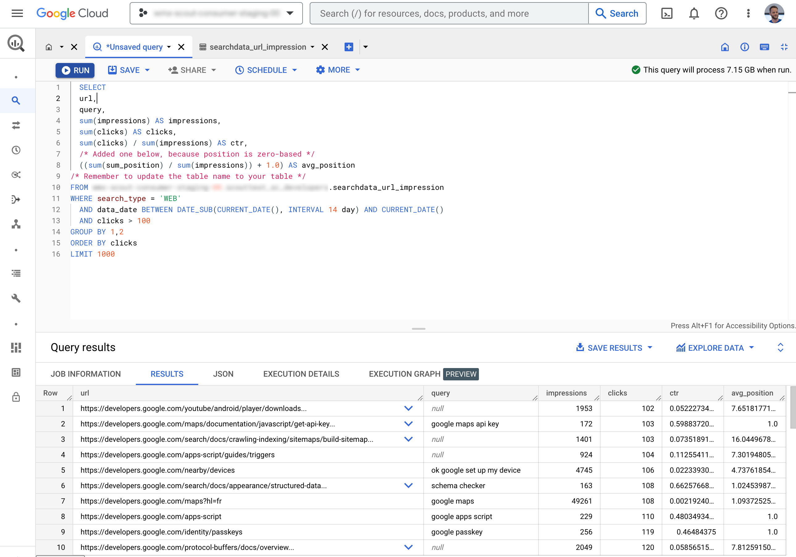 Bulk data export table shown in the BigQuery interface