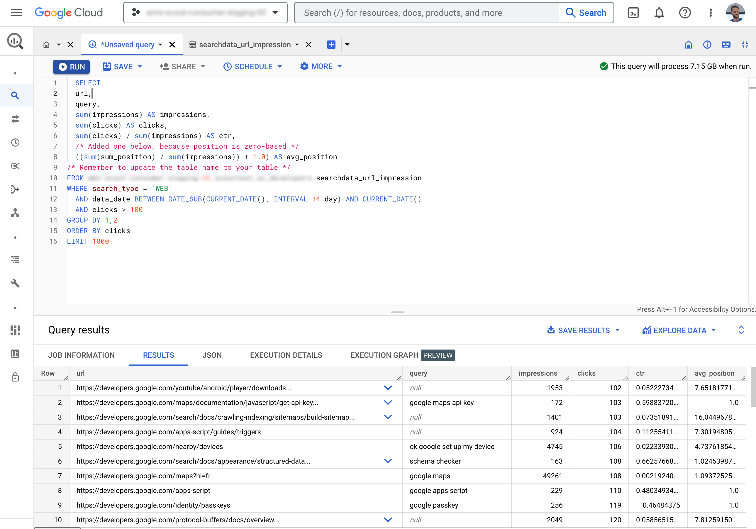 Tableau d'exportation groupée de données affiché dans l'interface BigQuery
