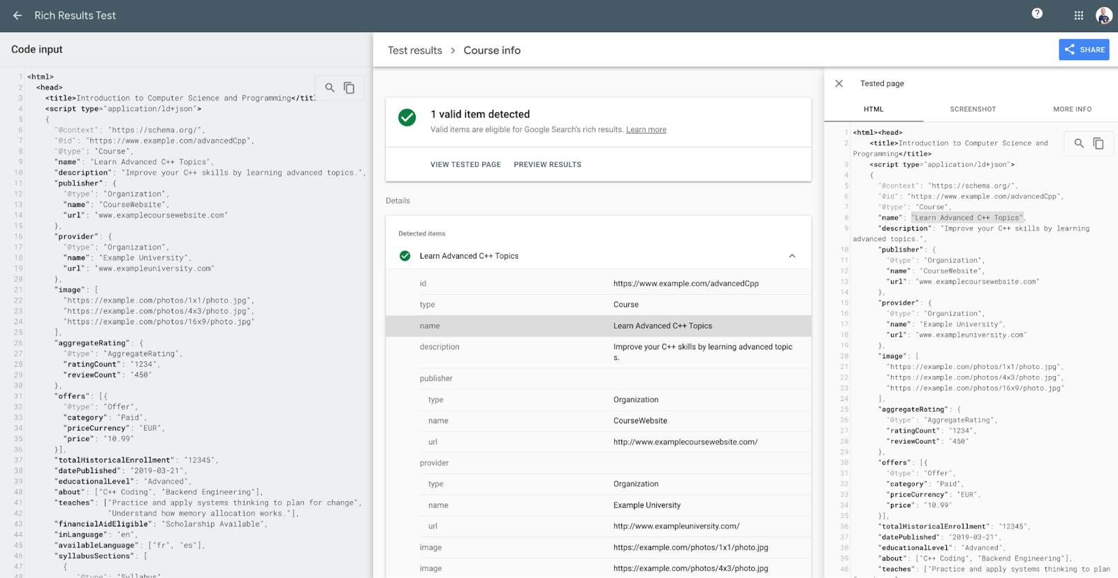 Informações do curso no teste de pesquisa aprimorada