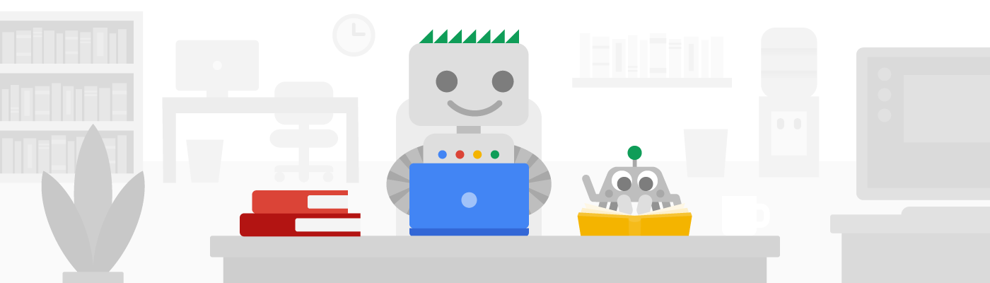Googlebot pisze podstawowe zasady dotyczące wyszukiwarki, a Crawley czyta książkę