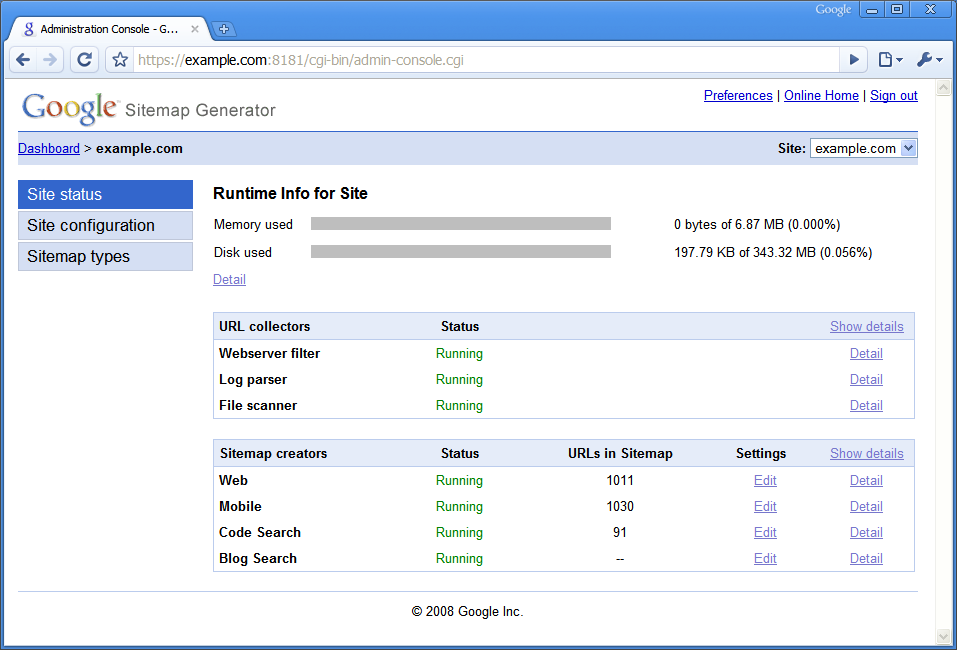 Captura de pantalla de Generador de sitemaps de Google en la consola de administración