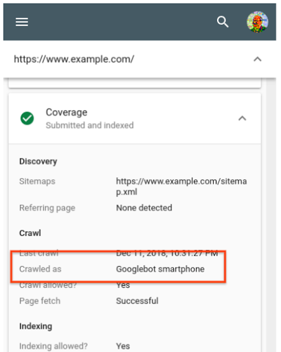 Visualização da Ferramenta de inspeção de URL no Search Console com o campo "Rastreada como" destacado