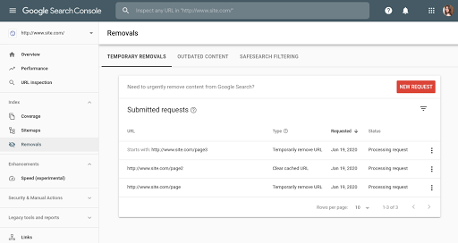 Temporary removals in Search Console