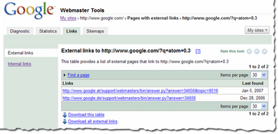 individual page's link view in webmaster tools