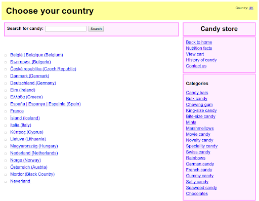 a country selector page