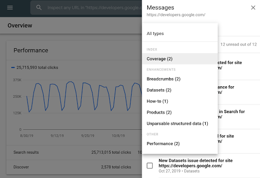 Search Console 的訊息類別