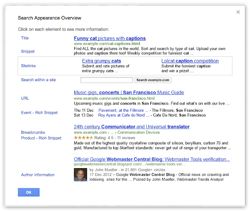 The Search Appearance pop-up in Webmaster Tools