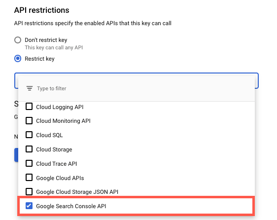 Configuração de restrições da API Google Search Console