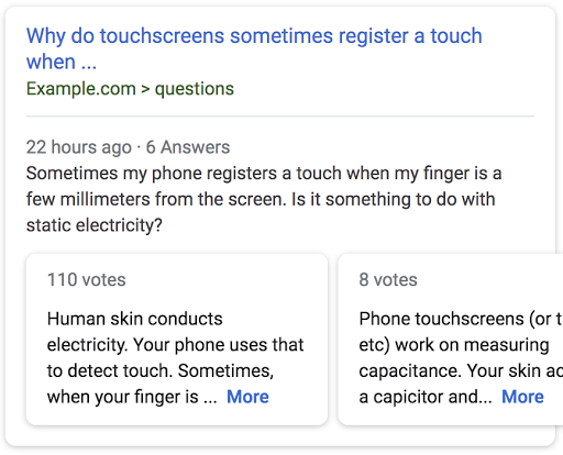 przykładowy wynik wyszukiwania strony zatytułowanej „Dlaczego ekrany dotykowe czasem rejestrują dotknięcie, gdy...” z poglądem najlepszych odpowiedzi na stronie.