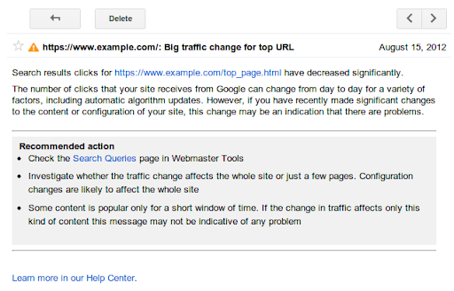 Example of a site alert in Webmaster Tools