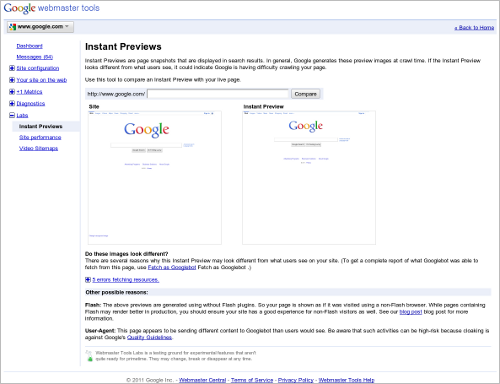 Instant Preview tool in Webmaster Tools Labs