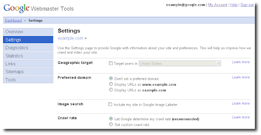 settings page in webmaster tools