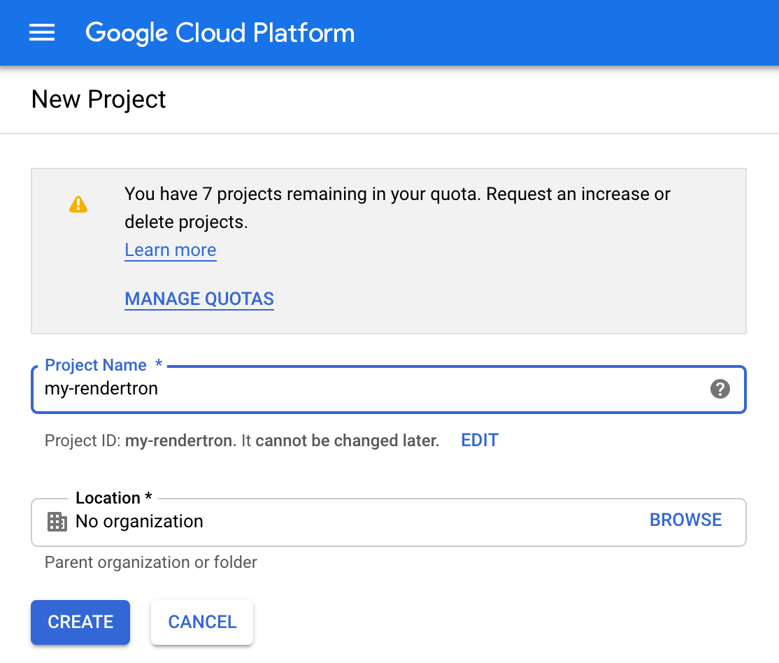 Formularz tworzenia nowego projektu Google Cloud Platform.