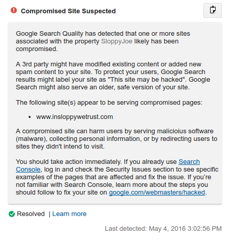 Exemple d'alerte Google Analytics indiquant qu'un site est infecté
