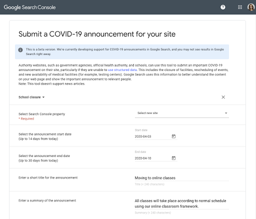 Cómo enviar un aviso sobre el COVID-19 en Search Console
