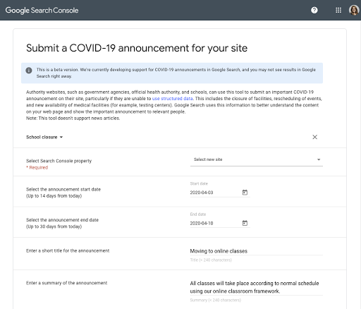 Mengirimkan pengumuman COVID-19 di Search Console