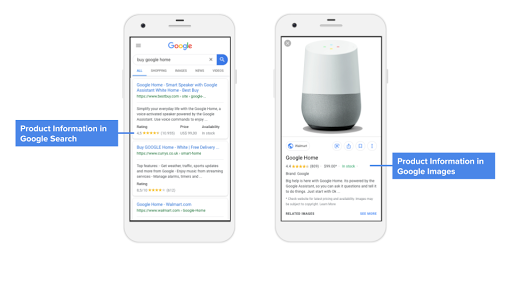 Pages de résultats de recherche Google illustrant l'apparence des informations sur les produits dans la recherche et sur Google Images
