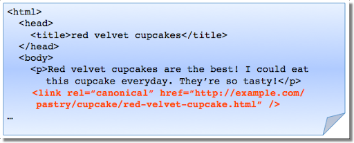 Ejemplo de marcado rel-canonical incorrecto: anotación rel-canonical en el elemento del cuerpo HTML.