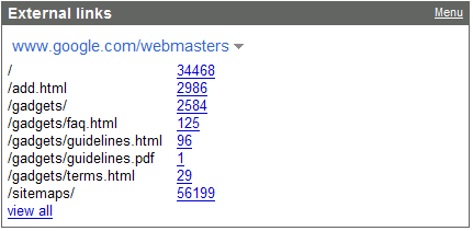igoogle webmaster tools gadget showing external links of a site