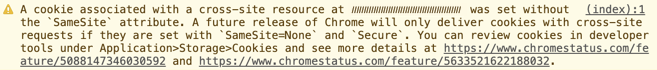 Um cookie associado a um recurso de vários sites em (domínio do cookie) foi definido sem o atributo "SameSite".