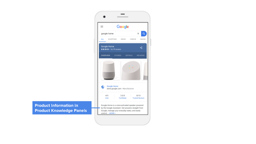páginas de resultados da pesquisa do Google mostrando como as informações do produto podem aparecer no Painel de informações