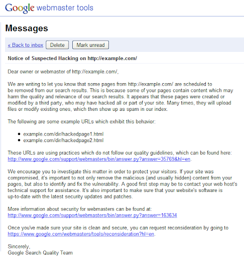 Un mensaje en las herramientas para webmasters que detalla la sospecha de hackeo del sitio 