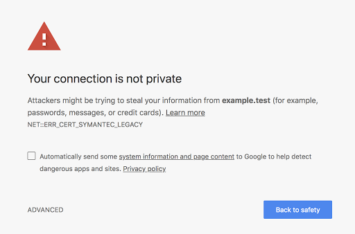 Ejemplo de un error de certificado que podrían ver los usuarios de Chrome 66