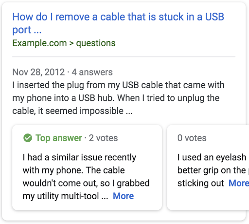Ejemplo de un resultado de la búsqueda para una página titulada &quot;¿Cómo quito un cable atascado en un puerto USB?&quot; con una lista de las principales respuestas de la página.
