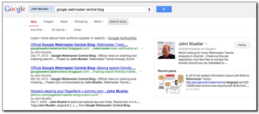 Clicking the author's byline in search results can reveal more articles and a Google+ profile