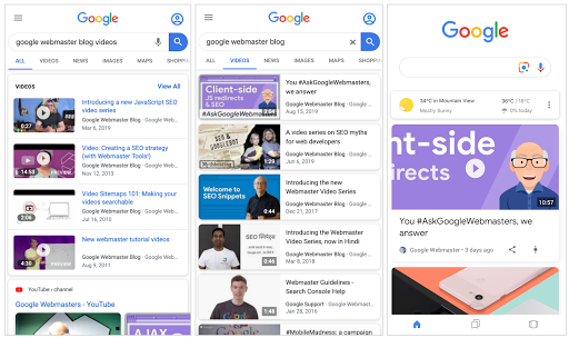 Слева направо: видео на главной странице Google Поиска, поиск по видео, рекомендации