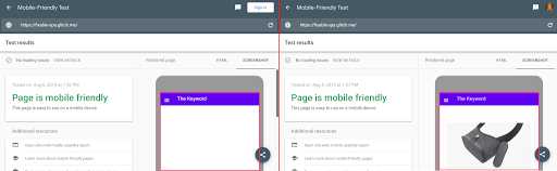 A comparison showing the old and the new mobile-friendly test. The old
          mobile-friendly test rendered a blank page and the new one renders the page
          correctly