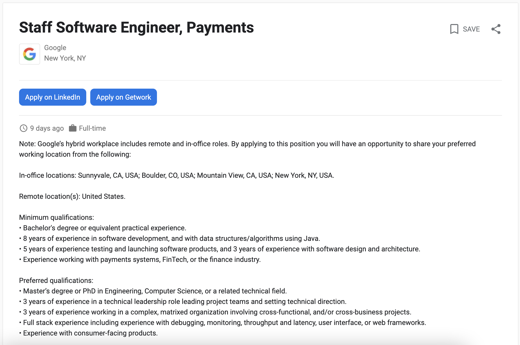 description d'une offre d'emploi dans les résultats de recherche Google