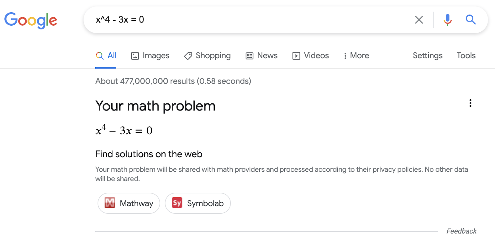 Résultat enrichi présentant des solutionneurs mathématiques dans la recherche Google