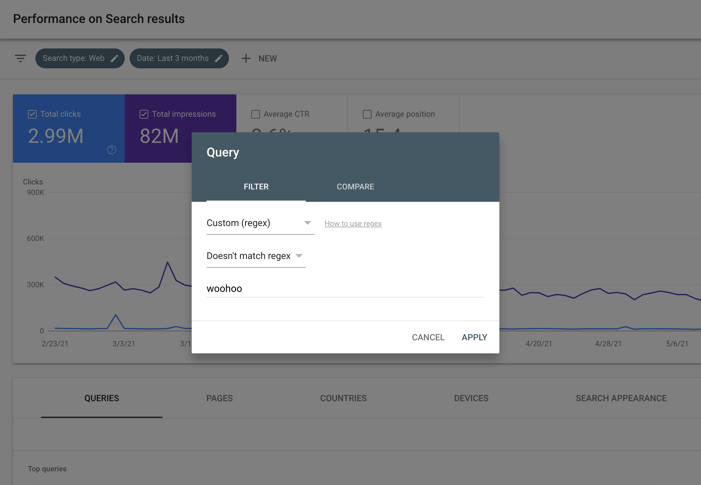 Filtre d'expression régulière du rapport sur les performances de la Search Console