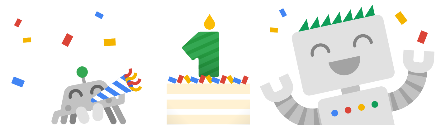 Googlebot e Crawley comemorando um ano da Central da Pesquisa Google