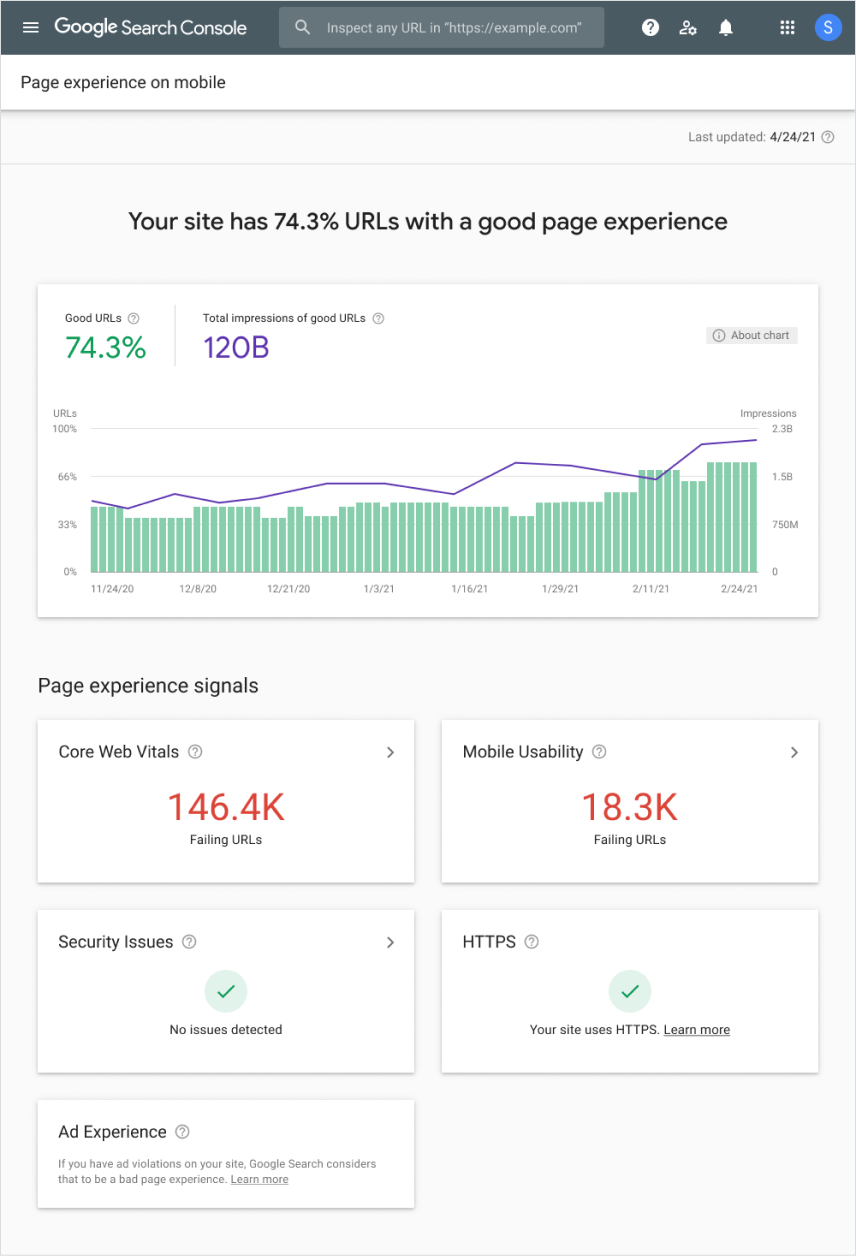 Informe sobre la experiencia de página en Search Console