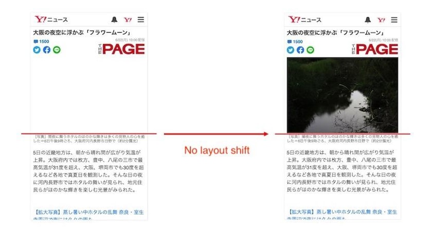 왼쪽 : 페이지 상단에 이미지를 위해 빈 공간을 확보. 오른쪽 : 레이아웃 변경없이 확보된 공간에 히어로 이미지가 로딩