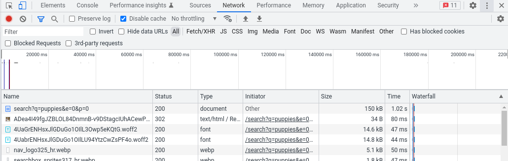 Karta Network w Narzędziach deweloperskich w Chrome