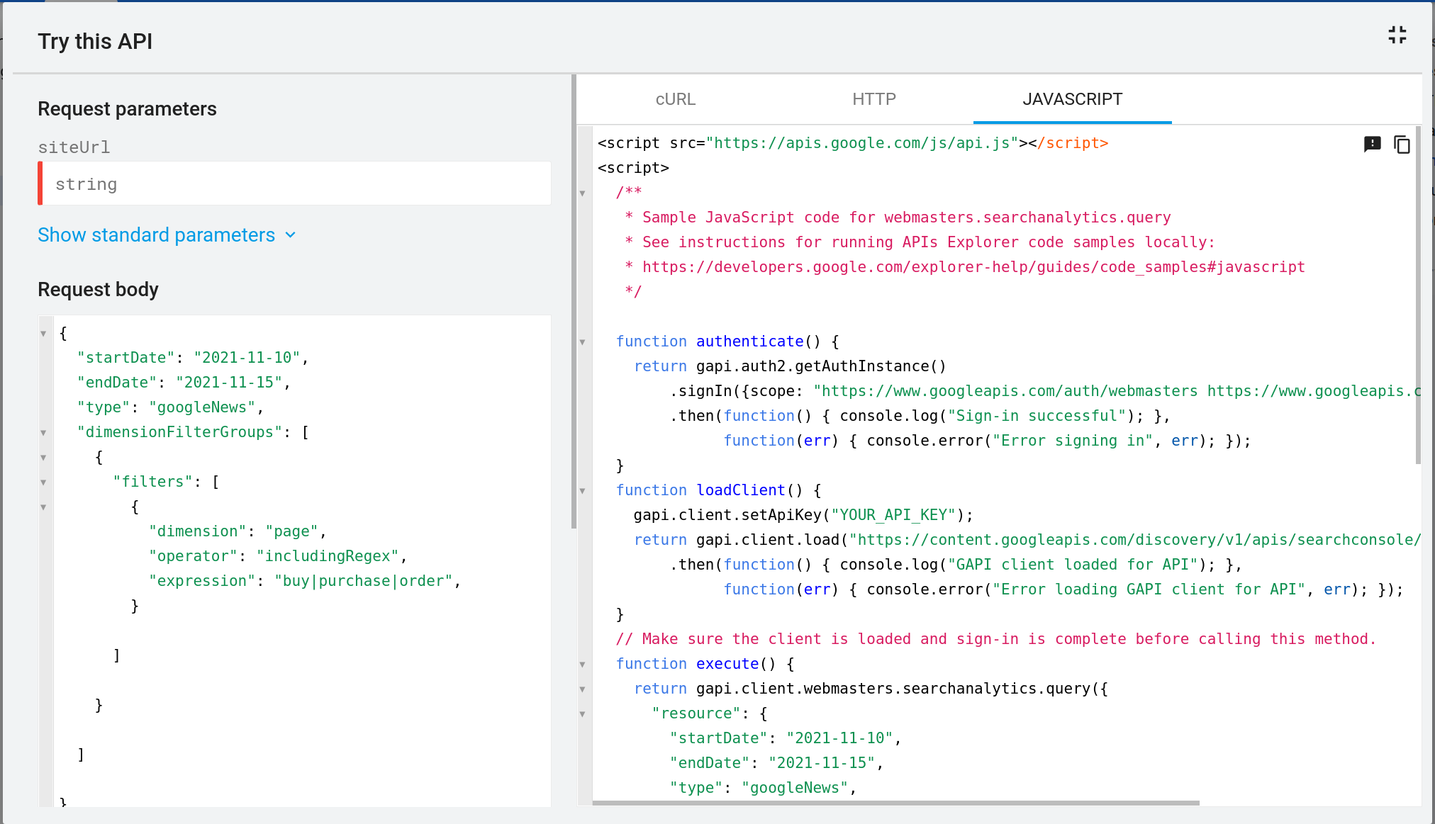 Esempio di chiamata all'API Search Analytics con i nuovi parametri