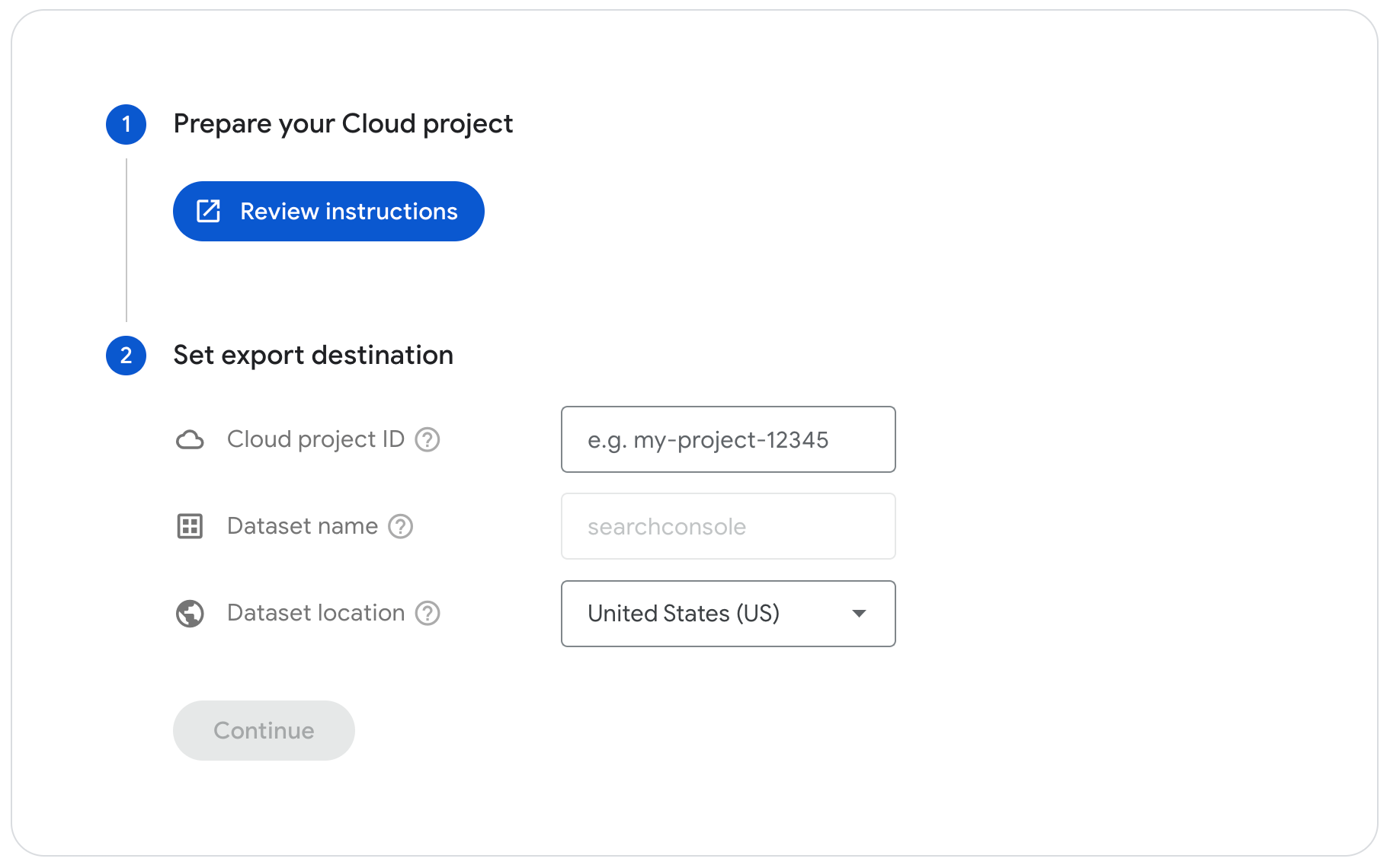 Search Console toplu veri dışa aktarma ayarları sayfası